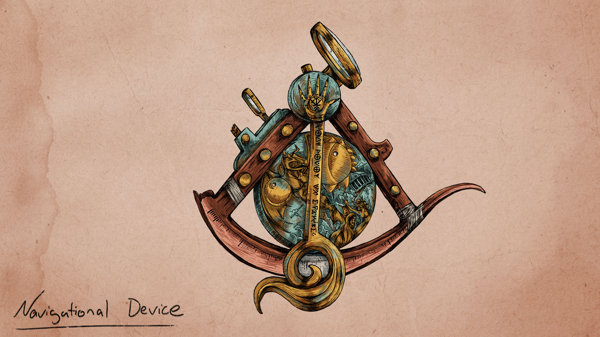 Antique-style illustration of a sextant with ornate details and map-like globe on aged paper, labeled Navigational Device.